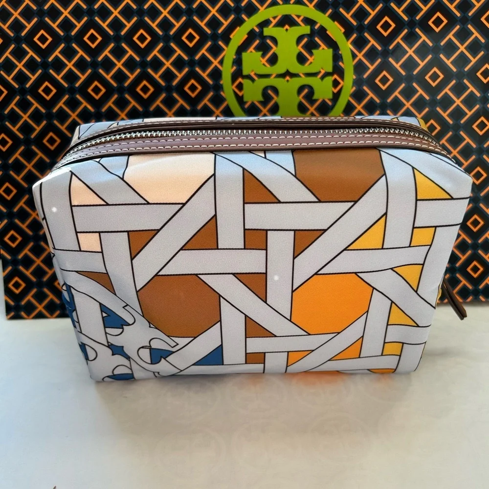 Tory Burch Nylon Basketweave Cosmetic Case Blue Basketweave Colorblock Brown